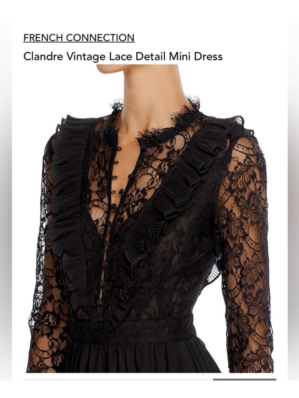 French Connection Clandre Black Vintage Lace Detail Mini Dress